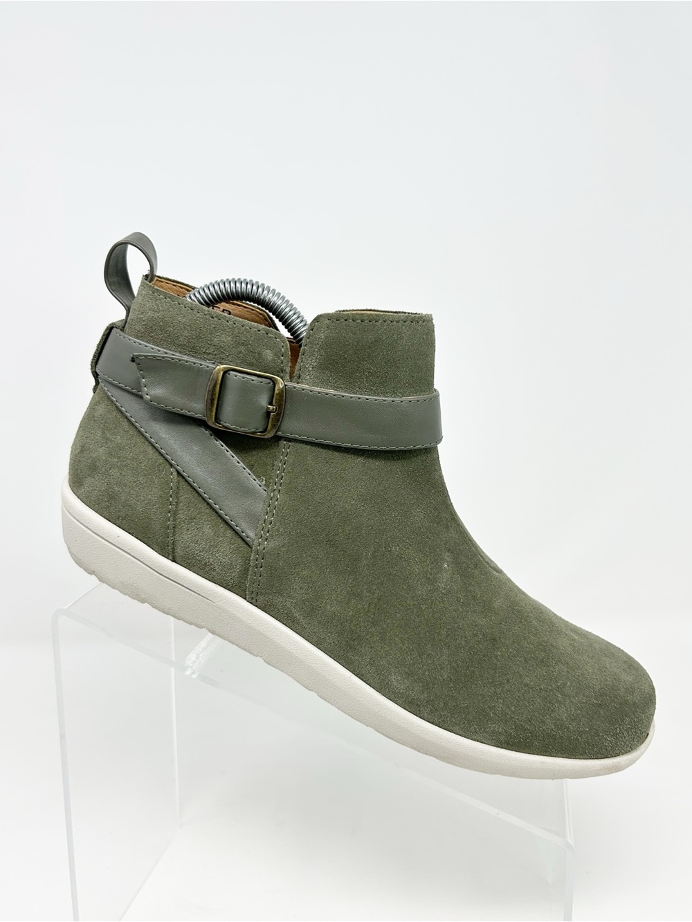 Vionic Romy Ankle Booties Olive Green Side Zip Buckle Strap Comfort Size 8.5
